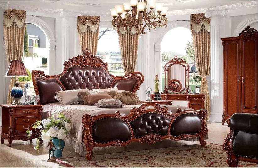 
European Italian antique furniture wooden genuine leather royal bedroom set for big house 