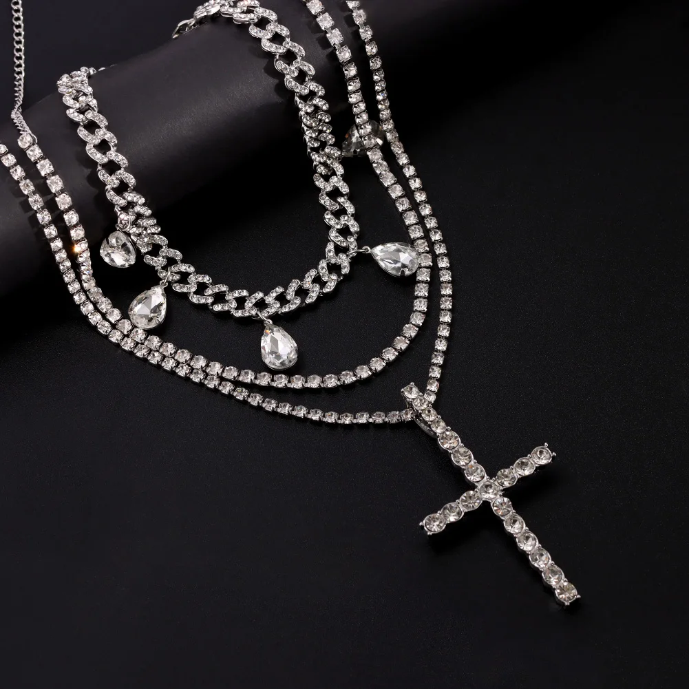 Fashionable Blilng Full Rhinestones Cross Pendant Multilayer Necklace For Women Iced Out Tennis Cuban Link Chain Hip Hop Jewelry