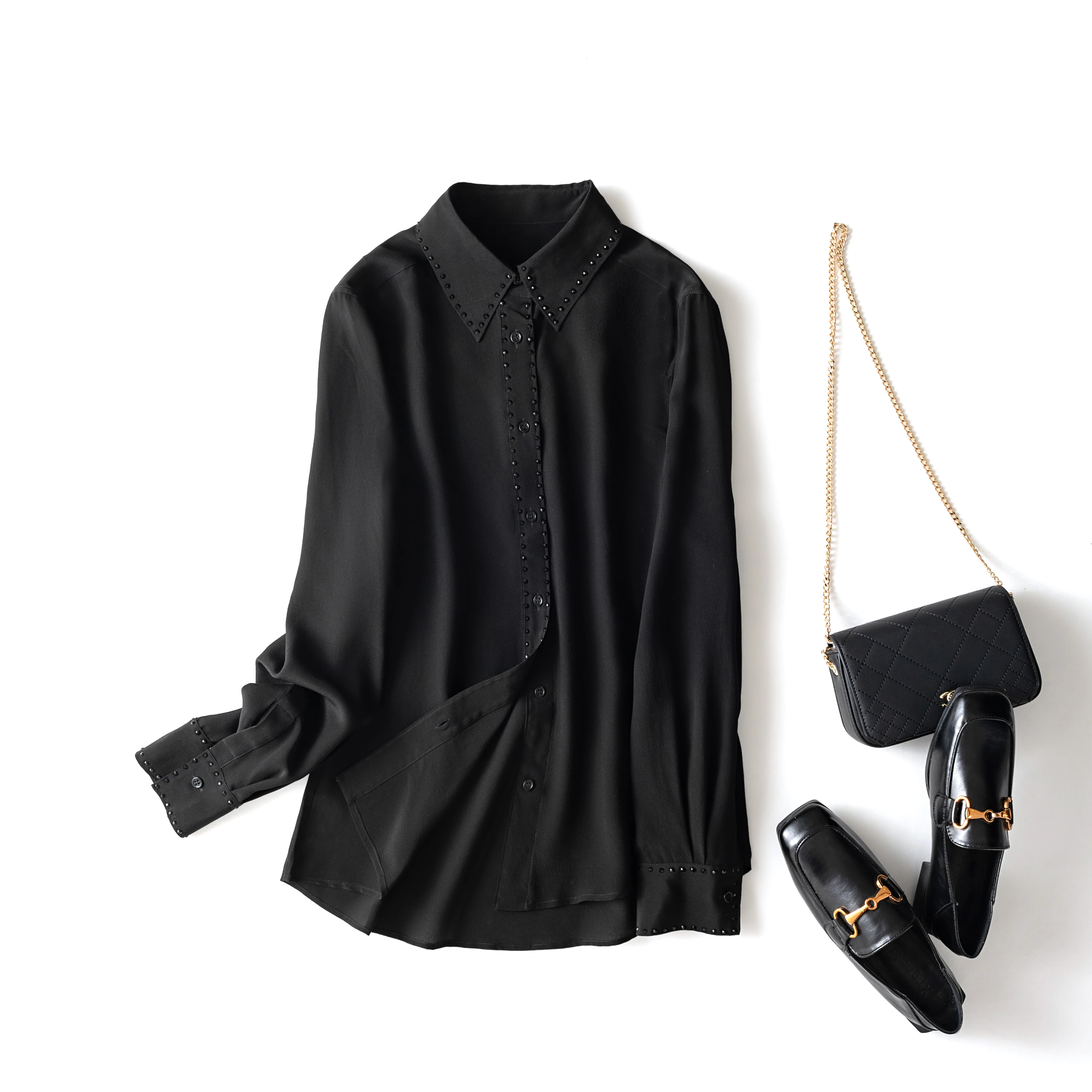 Женская рубашка из натурального шелка, черно-белая блузка с воротником-стойкой из натурального шелка тутового шелкопряда со стразами, 100%