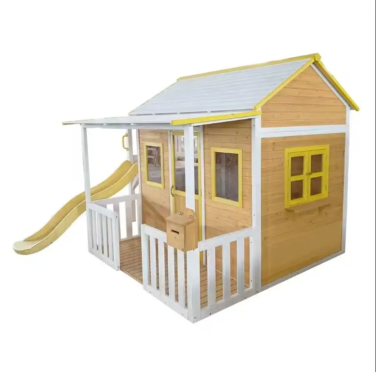 WoodVille 2024 Best Supplier Outdoor Kids Wood Playhouse with Chalk Board & Mail Box for Kids Wooden House