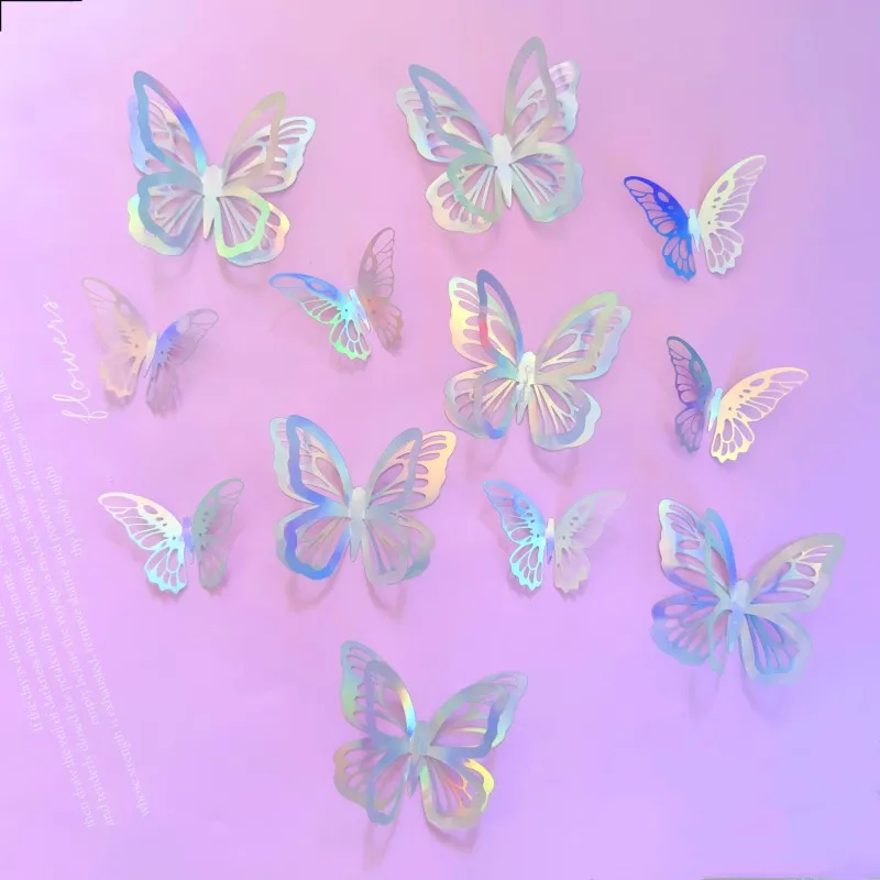 Ychon new wholesale 12pcs laser shiny butterfly cake toppers silver colorful hollow 3D butterfly cake decor wall diy art decor