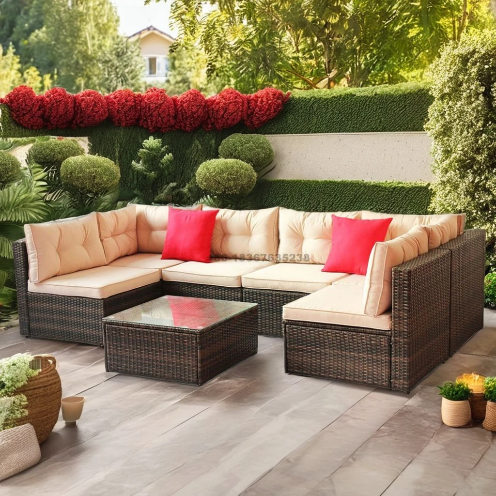 Luxury Modern Garden Furniture Outdoor Aluminum Steel Frame PE Synthetic Rattan Wicker Modular L-Shaped Corner Sectional Sofa