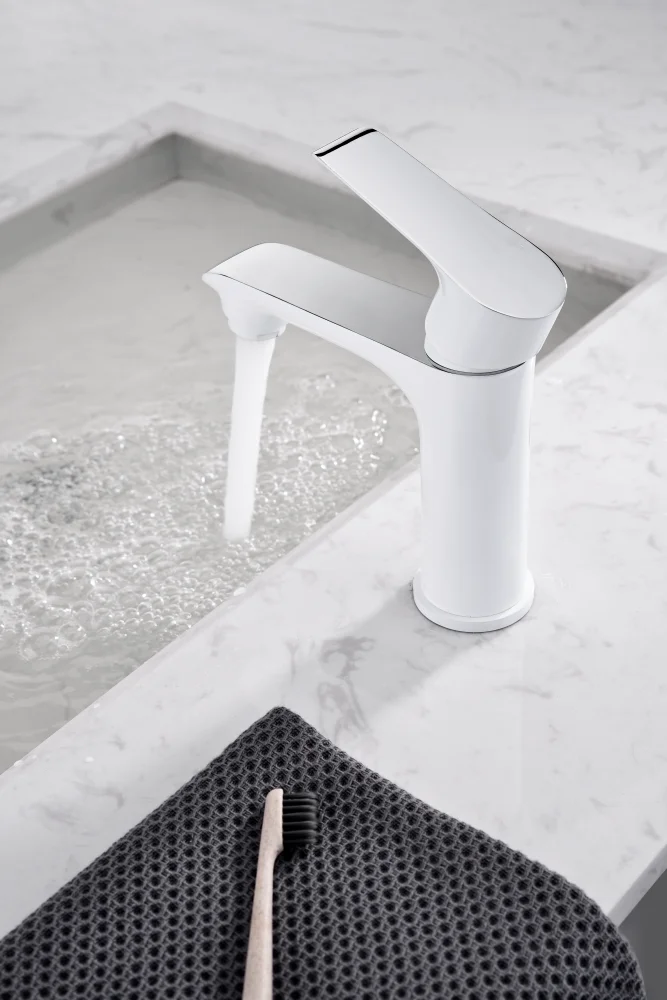 Bathroom Sink Tap Deck Mounted White and Chrome Color Basin Faucet Hot Cold Water Mixer Wash Hand Brass Body Factory Supplier