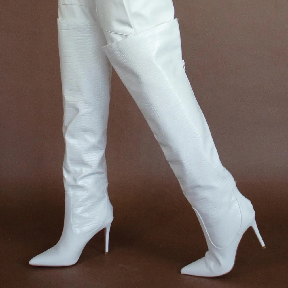 Women Long Boots Winter Stilettos Heel Pointed Toe High Heels Over Knee Boots Large Size White Ladies Crocodile Boots