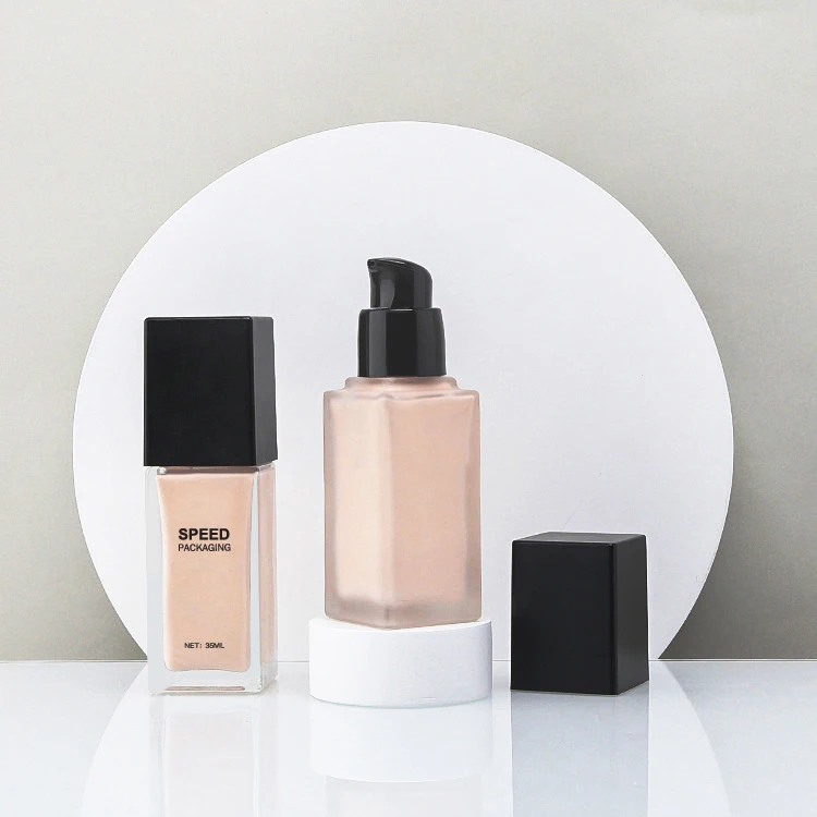 Wholesale 15ml 20ml 30ml 40ml square cosmetic packaging frosted empty serum pump lotion foundation glass bottle with pump