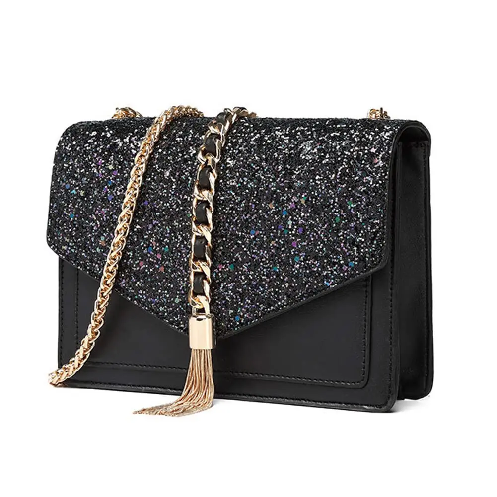 RTS in stock Black Glitter Clutch Cross body Bag Evening bag Clutch Prom Date Fashion Chain Shoulder Bag Handbag For Women Party