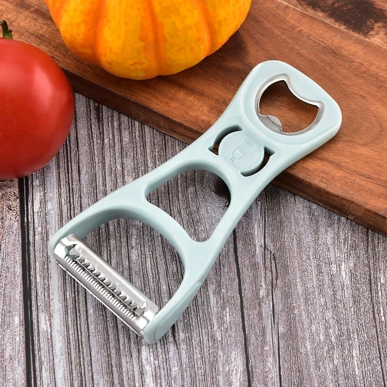 Portable custom manual blue multifunctional 4 in 1 vegetable fruit peeling opener stainless steel kitchen gadgets
