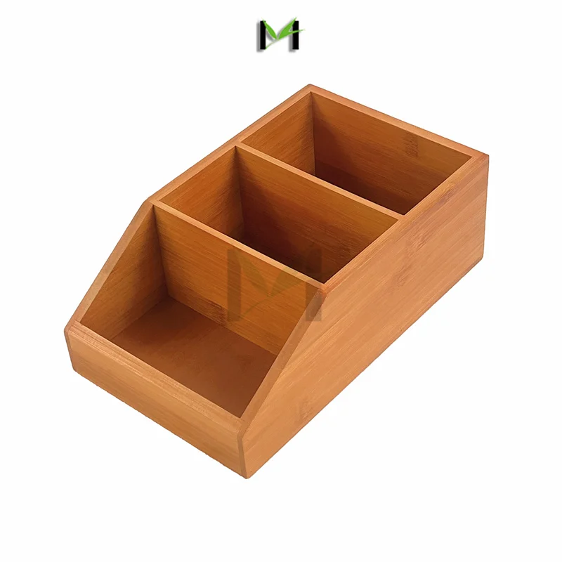 Бамбуковая деревянная корзина для хранения еды с 3 отделениями и наклонной передней частью для кухонного шкафа, кладовой, полки для органайзера