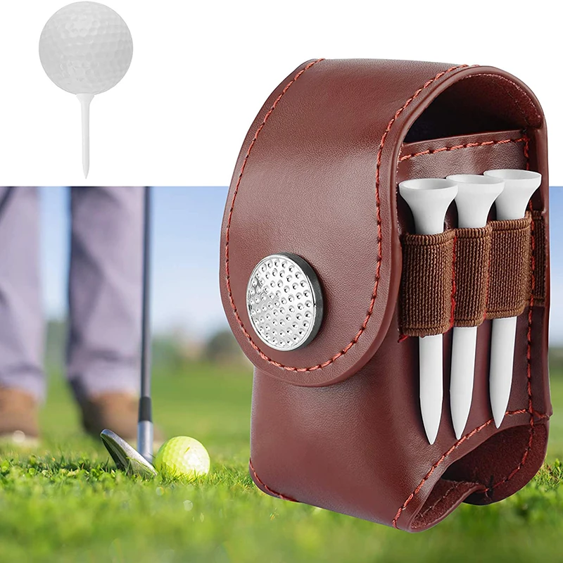 PU Leather Golf Ball Pouch Bag Holder Cover Waist Belt Storage Pocket with 3 Tees 1 Golf Divot Repair Tool Set