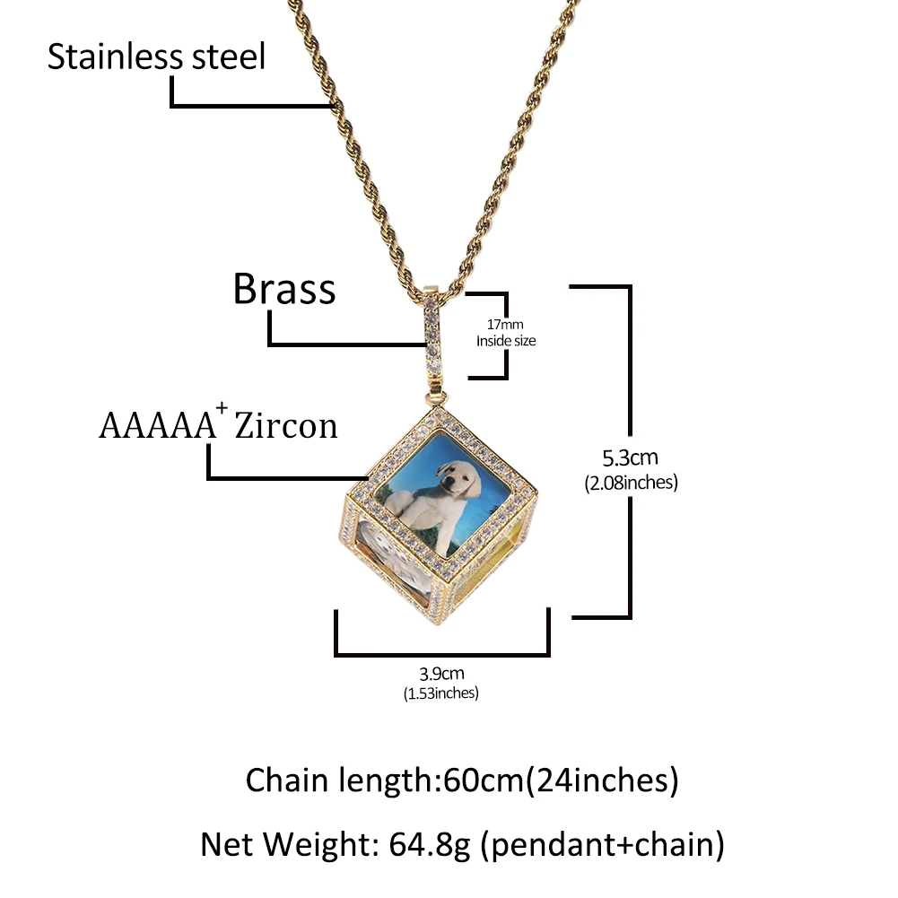 Custom 3D Prismatic Stereoscopic Cube 6 Sides Picture Photo Sublimation Pendant Necklace