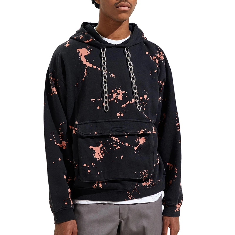 Multi-colored Paint Splatter Distressed Hoodie with Metal Chain Drawstring