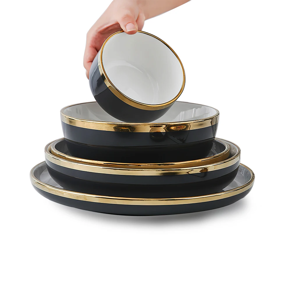 Wholesale Luxury New Product 2020 Light Black Ceramic Plate With Gold Rim