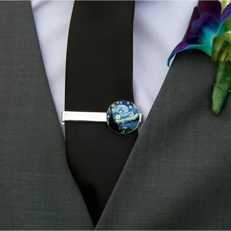 Men Fashion Van Gogh Starry Night Sunflowers Tie Clips Personality Name Letters Jewelry Men Necktie Clip Pin Suit Accessories