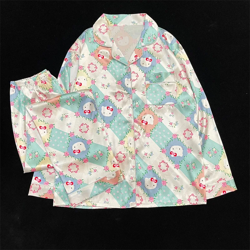 Wholesale high quality ins Hello Sanrioed Cute Long Sleeve Ice Silk Pajamas Girls Girls Cartoon  Kitty Home Clothes Set