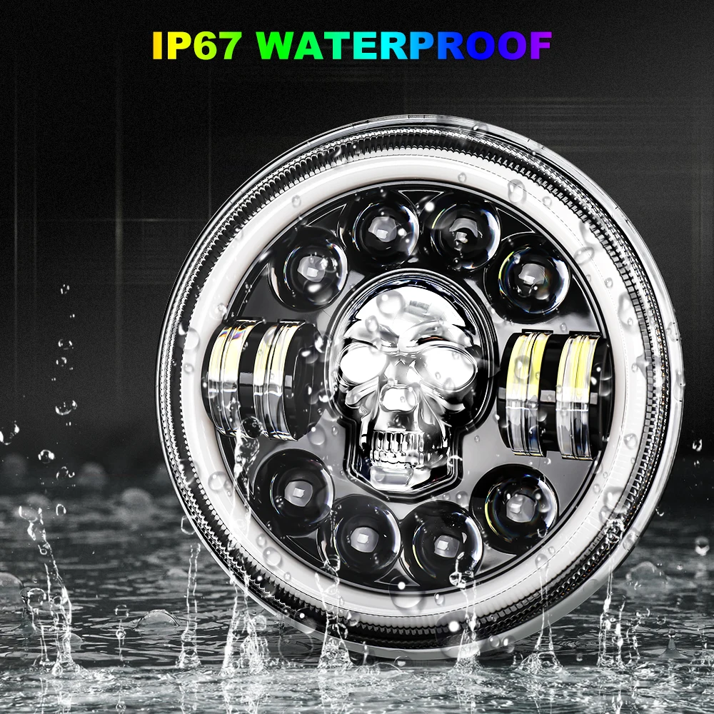  Dot E9 Skull RGB Super Bright LED Lamp Angle Eyes Daymaker Halo Ring DRL Round Motorcycle 7 Inch Headlights for Wrangler