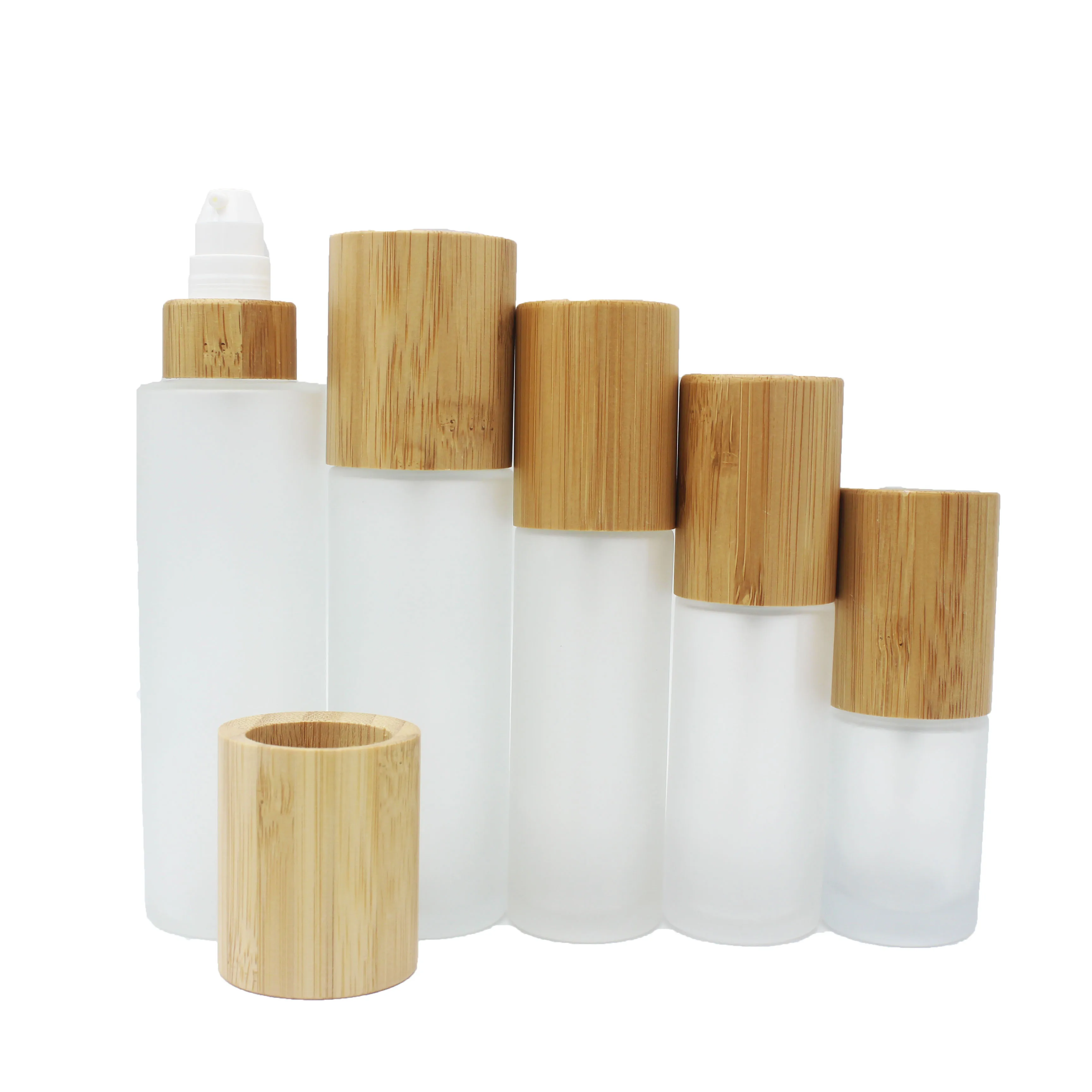 frosted glass cream bottle 30ml 50ml 100ml 120ml flat shoulder lotion serum bottle with bamboo pump lid BFB-011Z