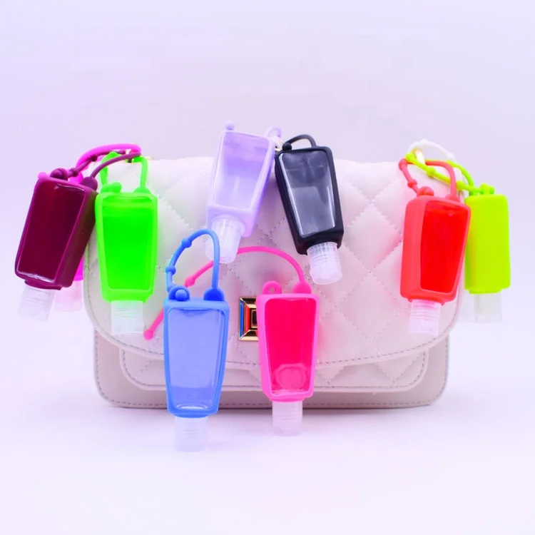 Customized Hand Sanitizer Bottle 30ml Alcohol Gel Bottle Squeeze PET Trapezoid Bottle with Silicone Holder