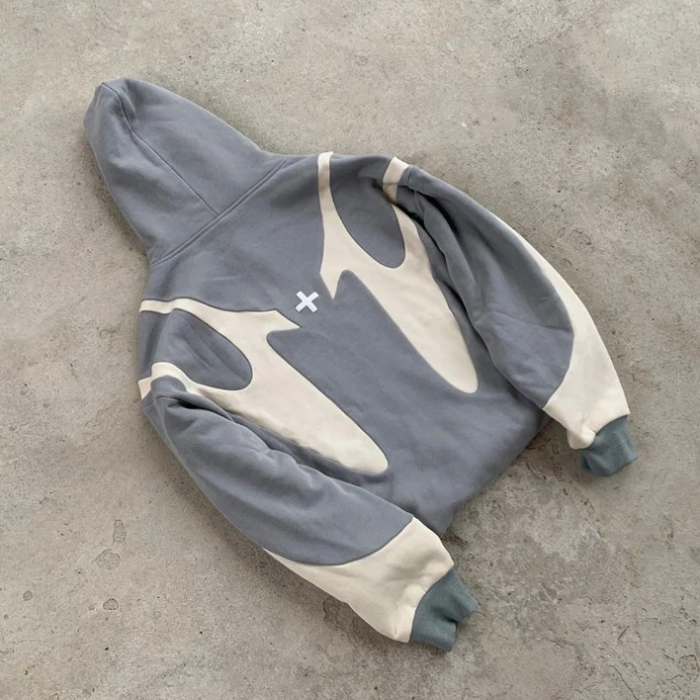 Heavy Weight Two Tone Colors Block Contrast Stitching Hoodie Patchwork 3D Embroidery Patches Painted Oversized Hoodies For Men