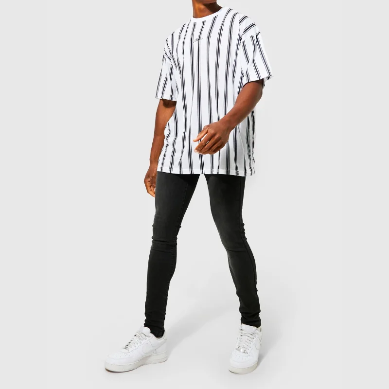 Top Quality Men 100% Cotton Oversized Striped T Shirt Custom Logo Big and Tall T Shirts Dropped Shoulder Tee Shirt
