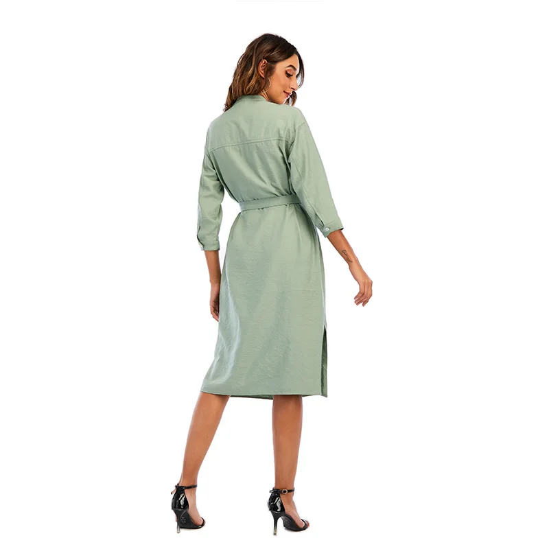 one piece green dress solid color dress with belt