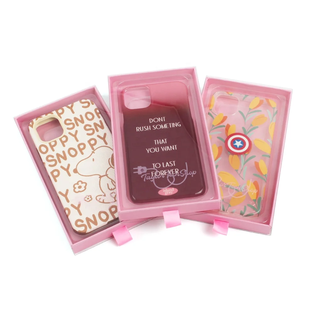 cmyk offset printing free design free sample luxury rigid pink custom mobile phone case packaging drawer box