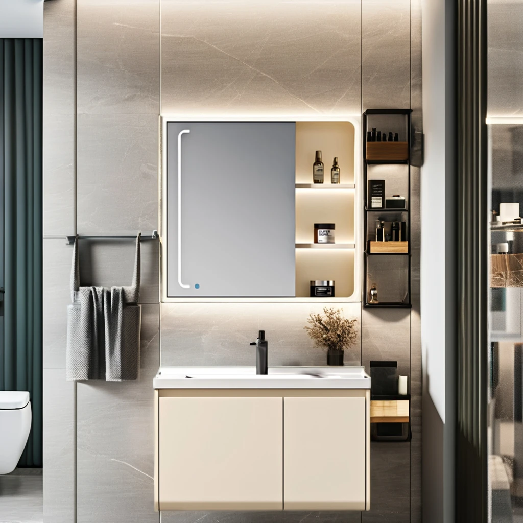 Solid Wood Lacquered Creme Fraiche Bathroom Cabinet Smart LED Mirror Large Ceramic Wash Basin High-Temperature Resistant