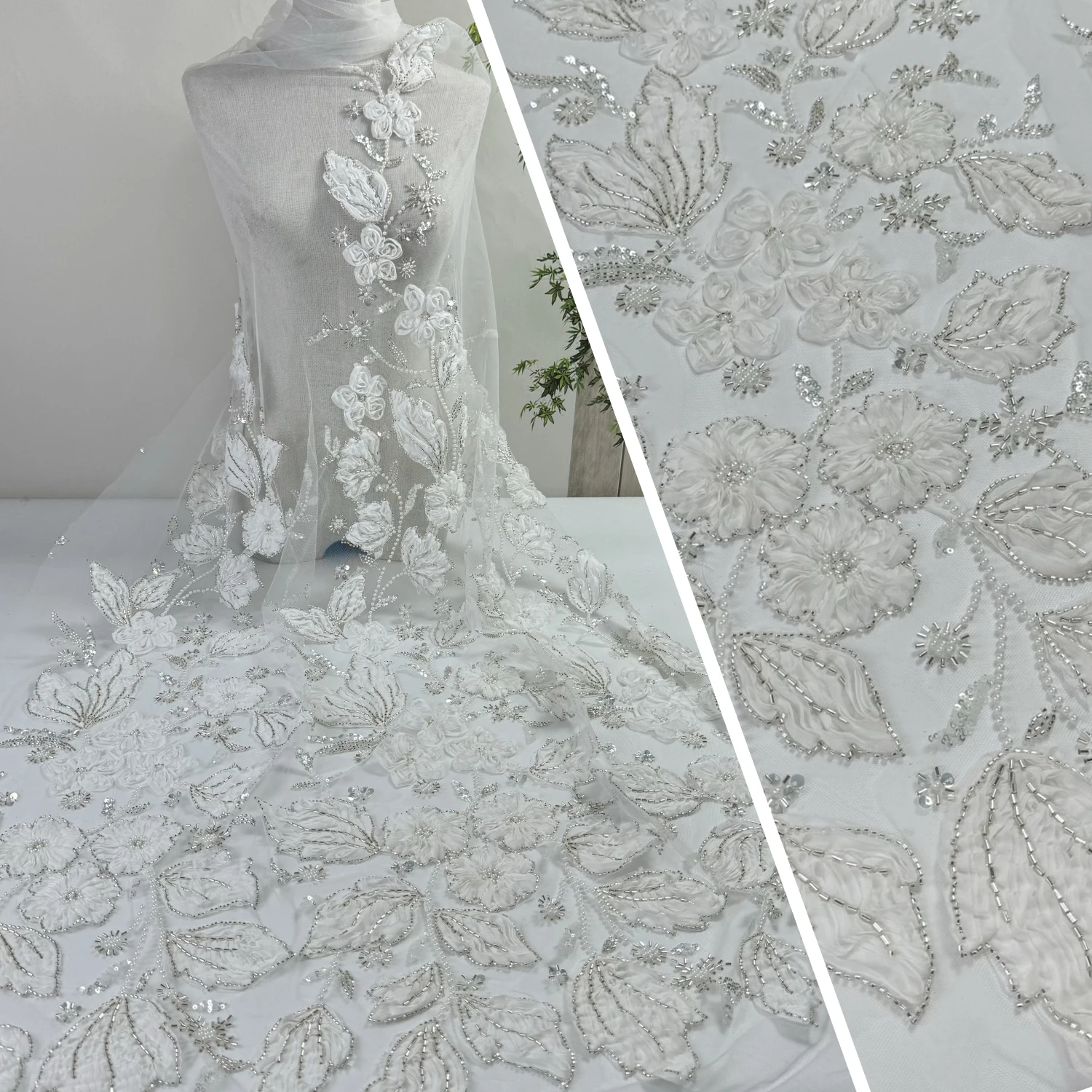 LH High Quality Flower Rope 3D Beaded Pearl Lace Fabric Bridal Stage Glitter Sequin Embroidered Fabric For Wedding Dress