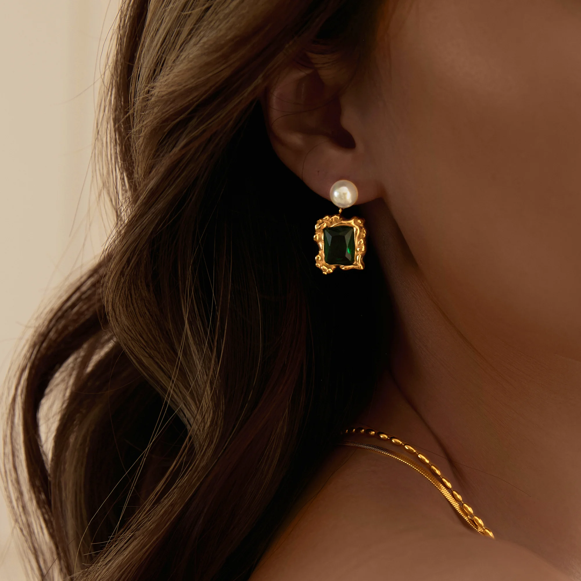 2024 Dazan New Winter HOT 18k Gold Plated Hypoallergenic Stainless Steel Vintage Pearl Green Zircon Lava Earrings Dainty Jewelry