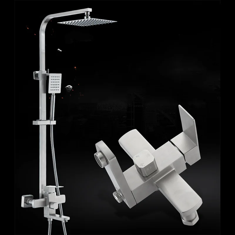 Stainless Steel Wall-Mounted Single Handle Bathroom Faucet With Square Nozzle Portable Shower Rod Bathroom Shower Faucet Set