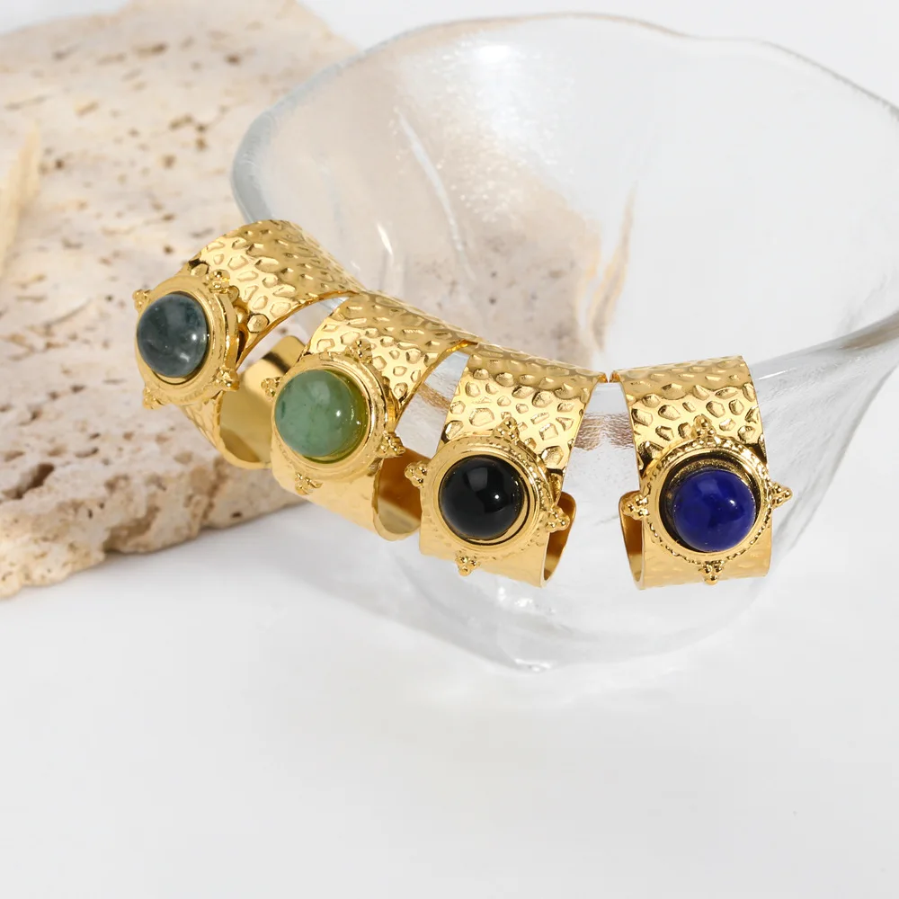 Fashion Natural Agate Red Gemstone Water Diamond Hammer Adjustable Stainless Steel Ring For Women