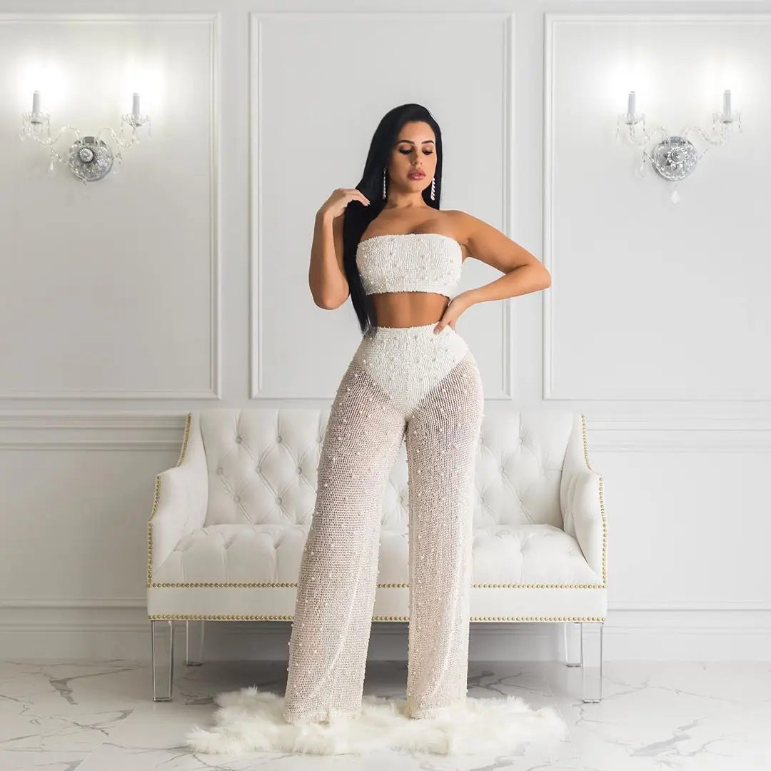 LB072 high quality american clothes 2 pcs suit pure color elegant strapless top tulle flared pants set womens clothing set