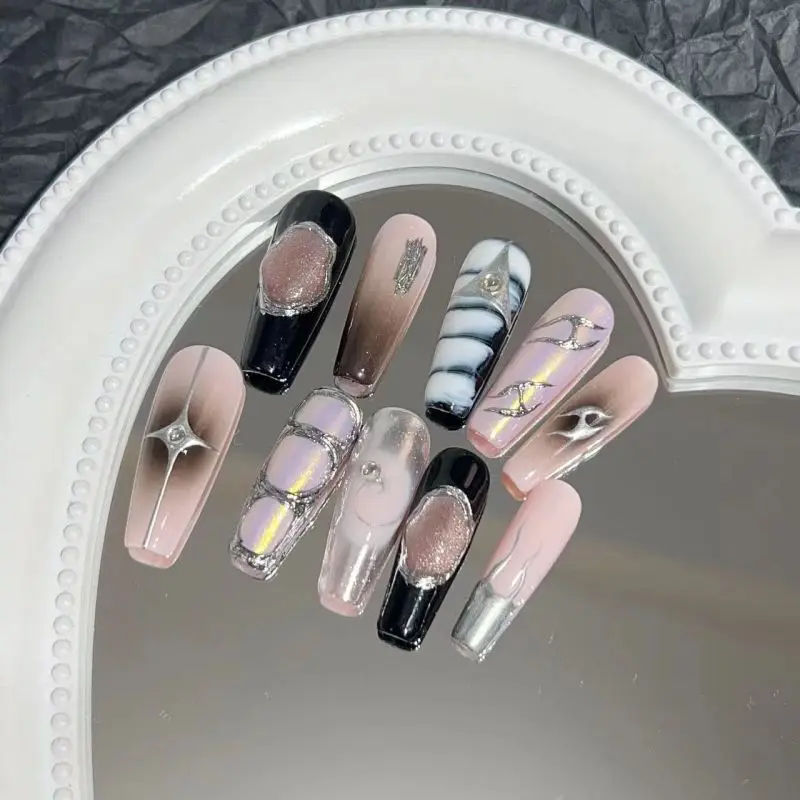 Wear Nail Pure Handmade Nail Art Finished Patches Hand-painted Magic Mirror French Gradient Aurora Nail Art