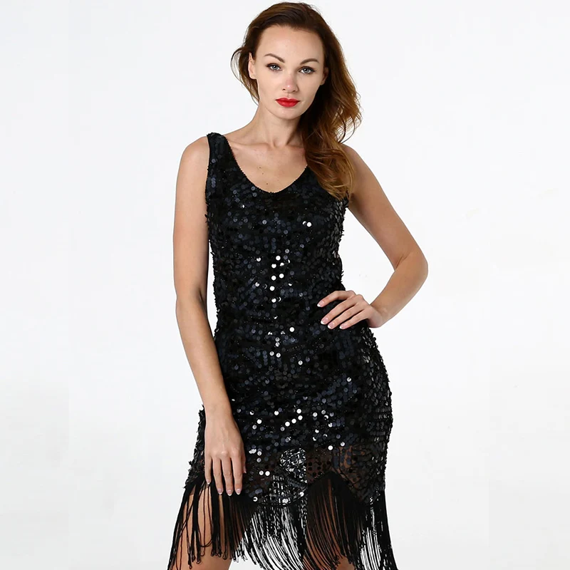 YIZHIQIU OEM beaded sequined vintage handmade fringed V-neck evening dress