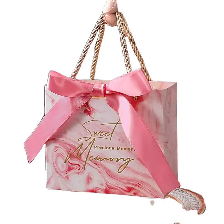 Custom logo square portable tote bag pink cute packaging  clothing shopping bag favor bags for wedding