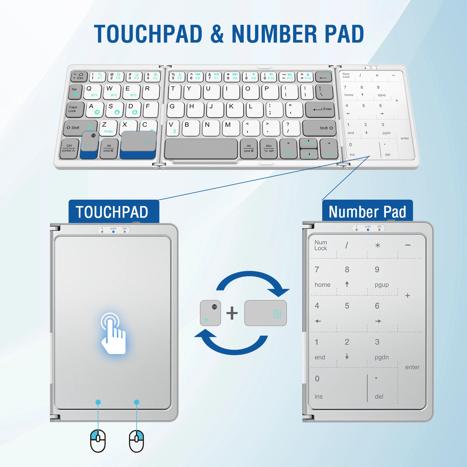 Foldable  Keyboard, Rechargeable Portable Wireless Keyboard with Touch pad & Number Pad for Android, Windows, iOS