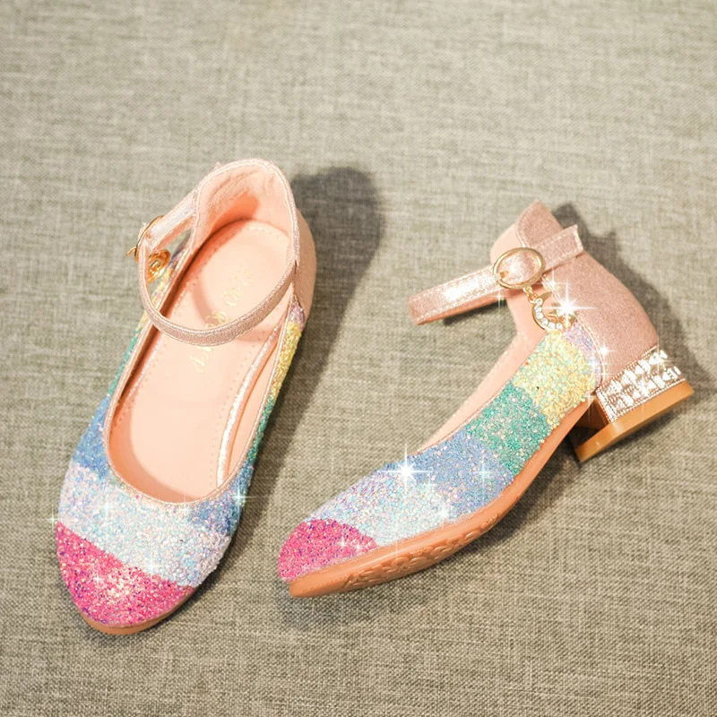 hot selling 2021 spring and Summer Girls Princess Sandals rainbow Sequins High Heels shoes party dressy shoes kids