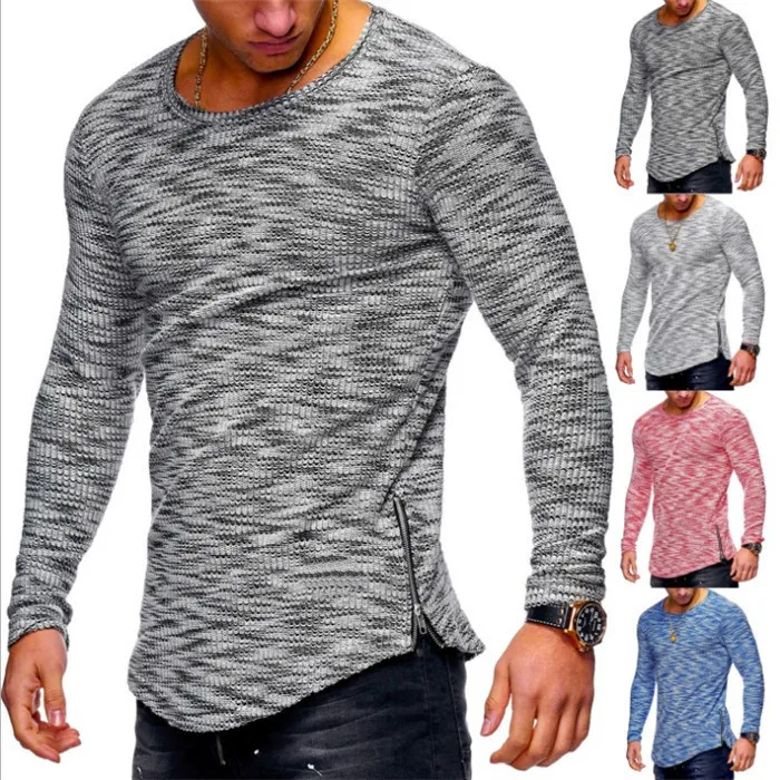 Gulidd  Quality Spring Mens Long Sleeve T-shirt Winter bottom shirt Side zipper embellished loose T-shirt