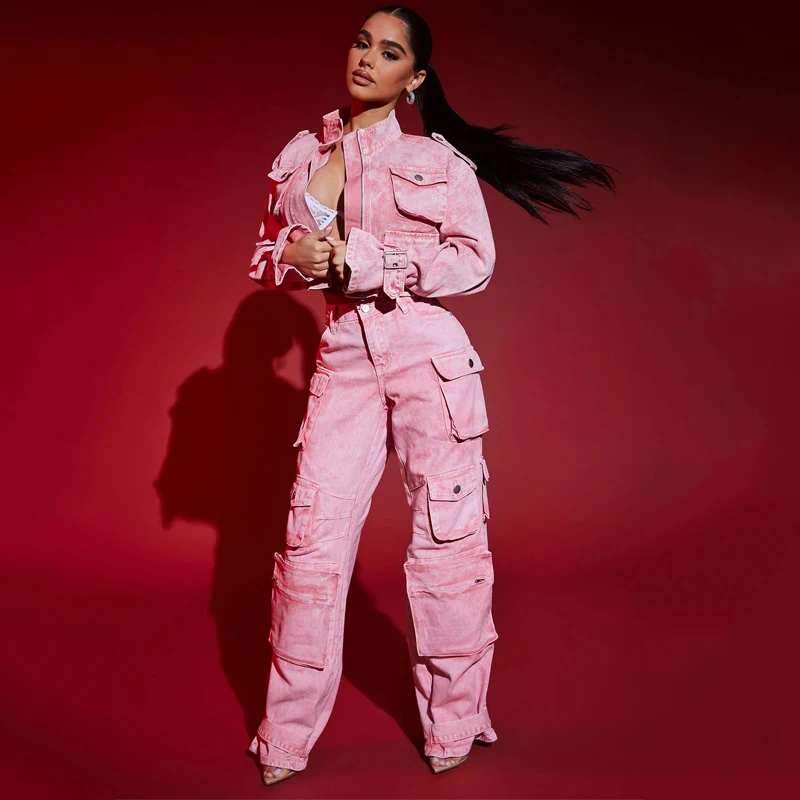 Custom Cropped Cargo Jacket and Baggy Jeans Two Pieces Outfits Street Women Denim Set