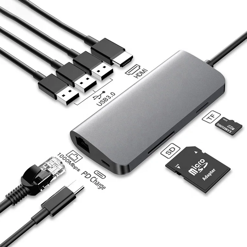 8 in 1 USB C HUB to  PD 100W Charger HDMI Adapter 1000M RJ45 Card Reader 3*USB 3.0 Type C Docking Station For Macbook Pro Laptop