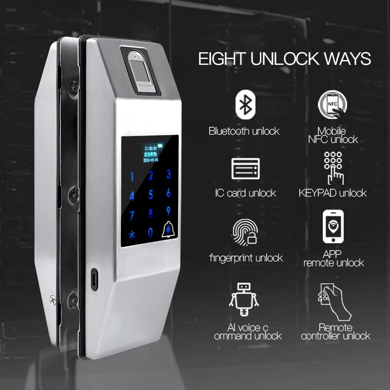 
fl21 frameless glass door smart lock TTLOCK APP fingerprint lock and home or Office keypad Sliding glass door magnetic lock 