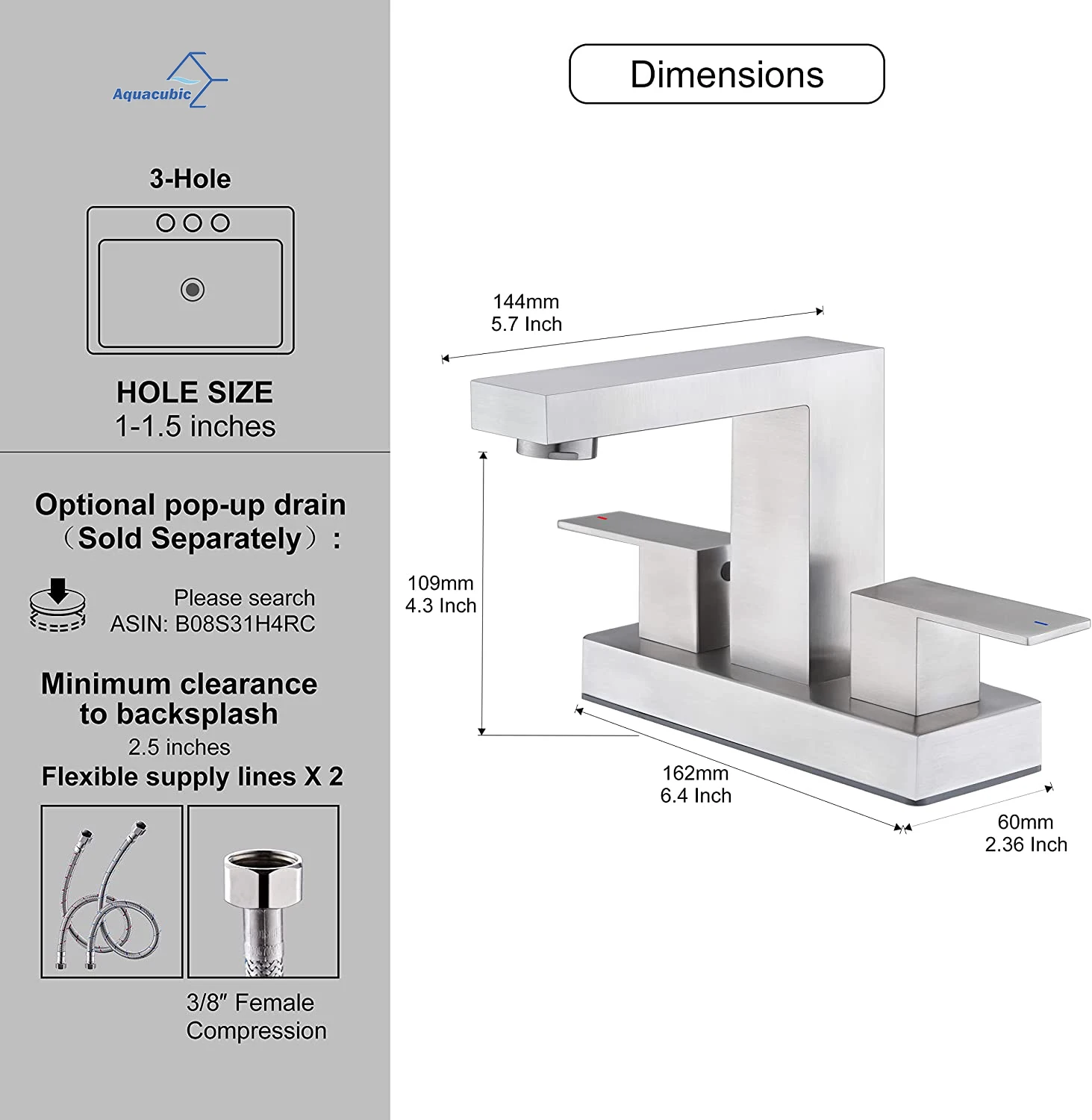 Aquacubic Two-Handle Centerset Brushed Nickel Bathroom tap Bathroom Sink Vanity Faucet