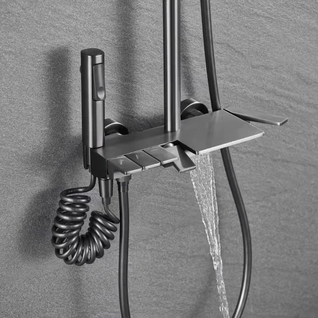 Piano Bathroom Shower Faucet Set Wall Mounted Gun Gray Piano Bath Shower System Solid Brass Bathtub Mixer Tap Rain Shower Head