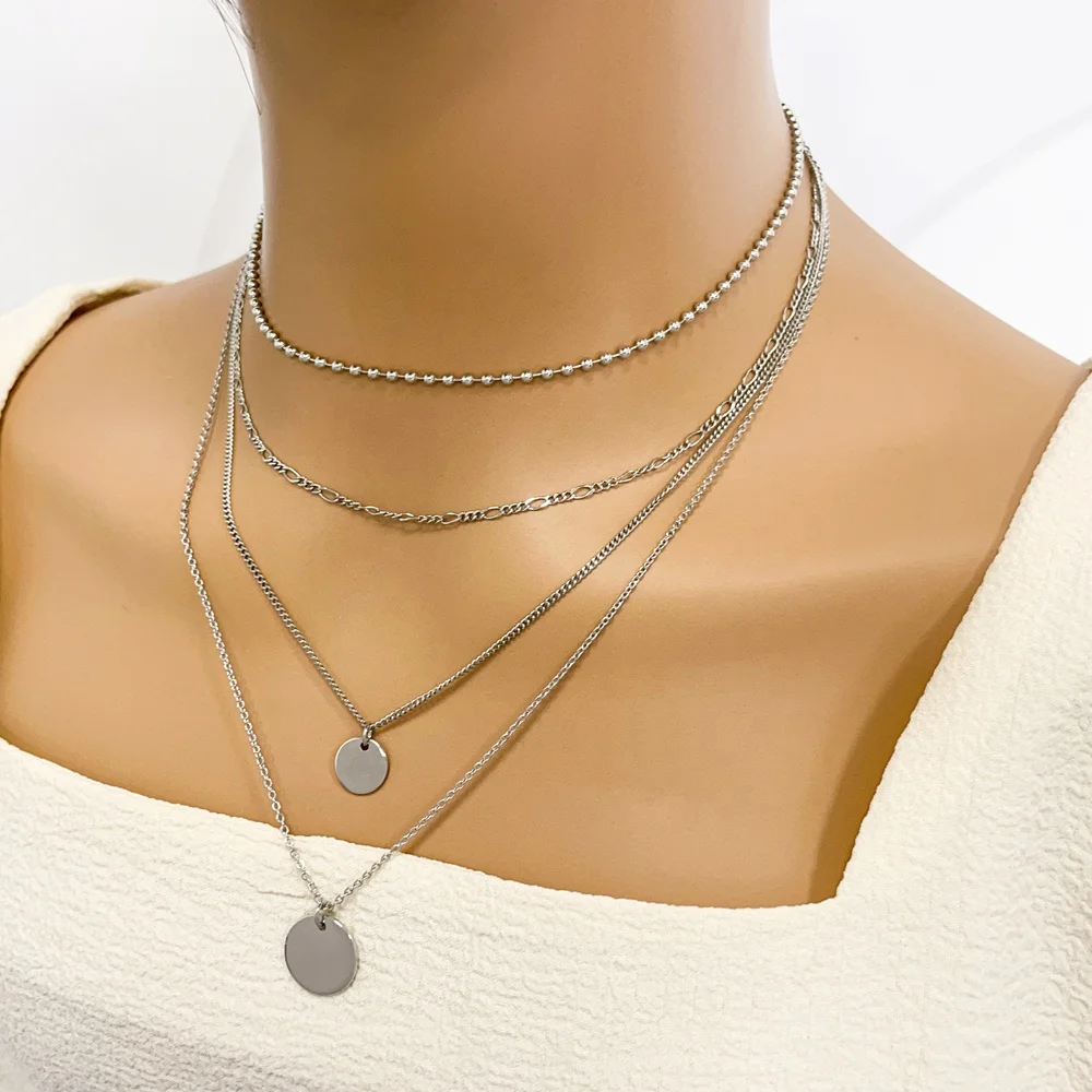 Fashion women accessories China factory custom logo name Blank coin Pendant multi layer triple chain necklace