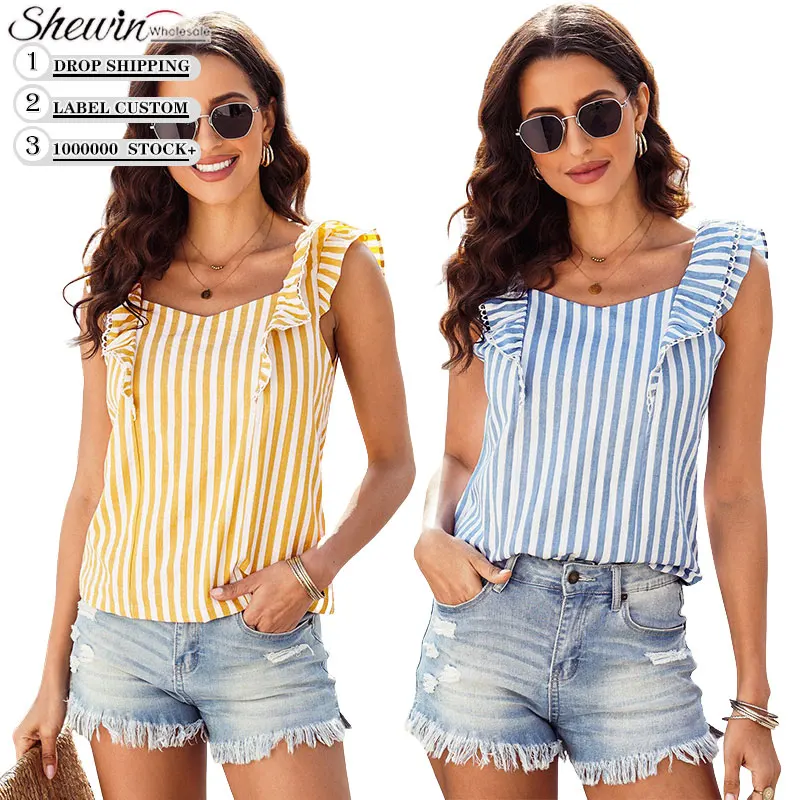 Wholesale Summer Striped Ruffles Elegant Cute Ladies Shirts Blouses Tops Women