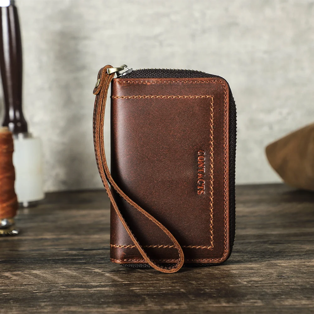 Custom Full Grain Oil Leather Multi-Functional Car Key Holder Wallet With 3 Card Slots And 1 Air tag Slot Mini Key Bag