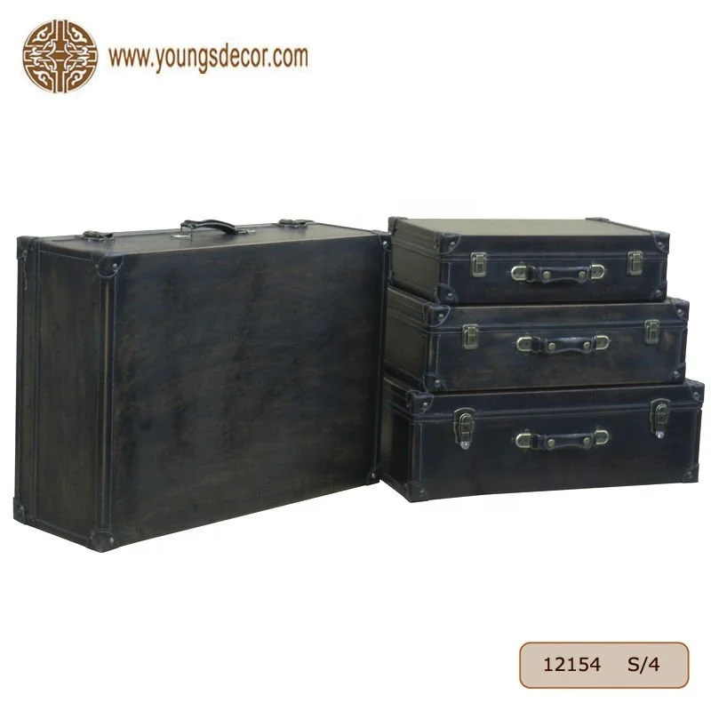 Wooden Vintage Brushed PU Leather/Burnish PU Leather Luggage Suitcase Chest Sets