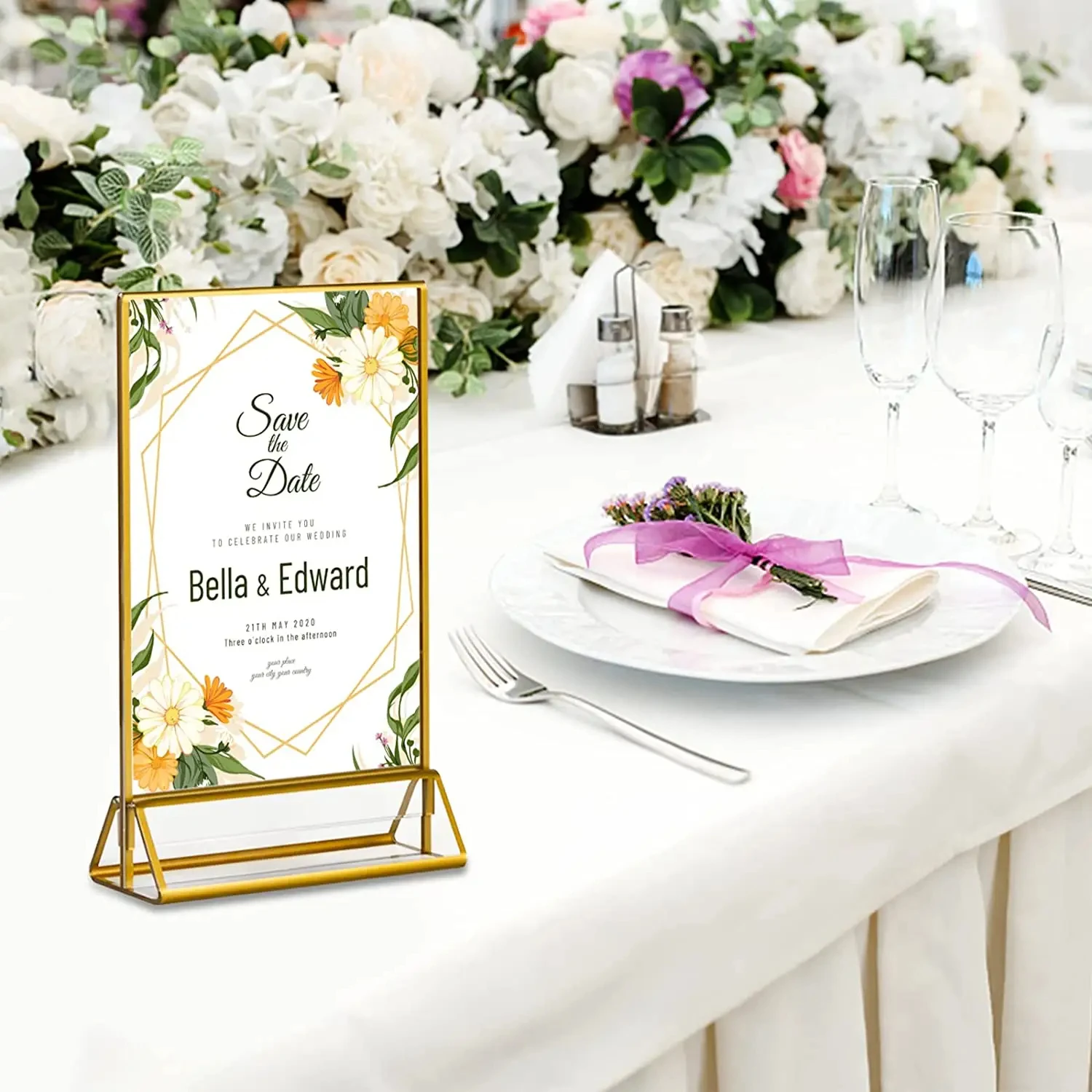 High Quality Double-Sided Table Menu Display Signage Clear Acrylic Stylish Metal Frame Luxury Design for Party Wedding Christmas