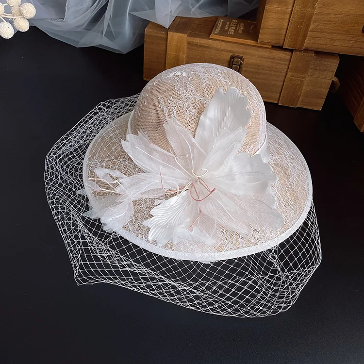 Hera hot sale elegant wide brim bride hat handmade flower fascinator bridal hats with veil