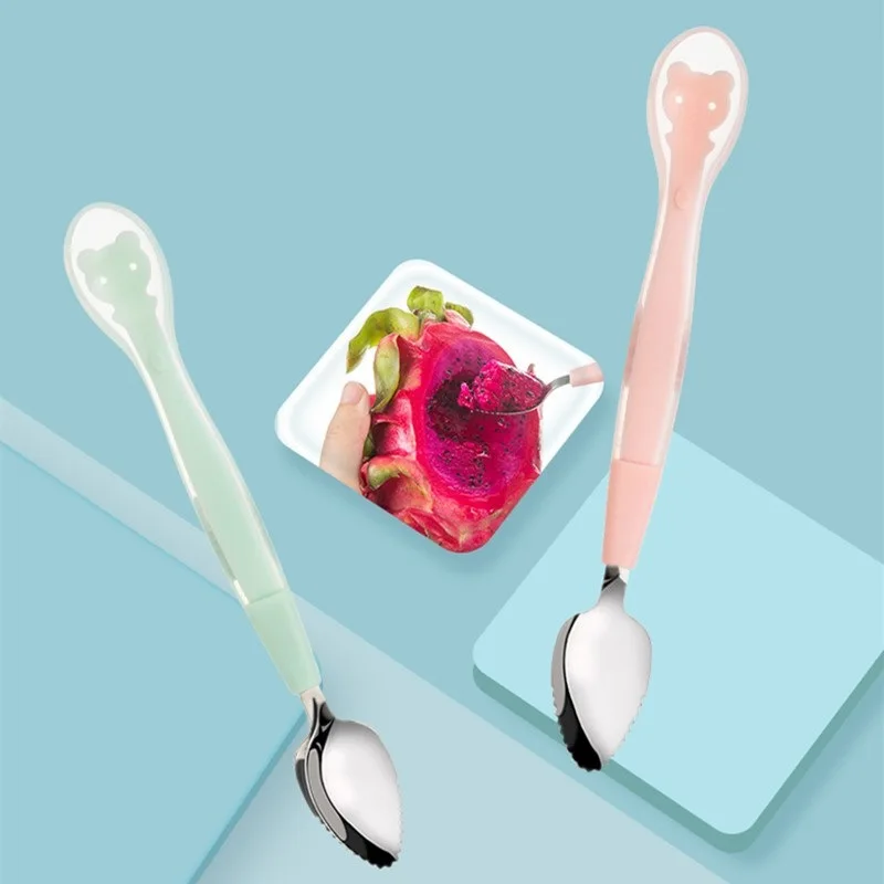 New Design Double Head scraper mud spoon Stainless Steel Fruit Mud Spoon Baby Silicone Spoon for Kids