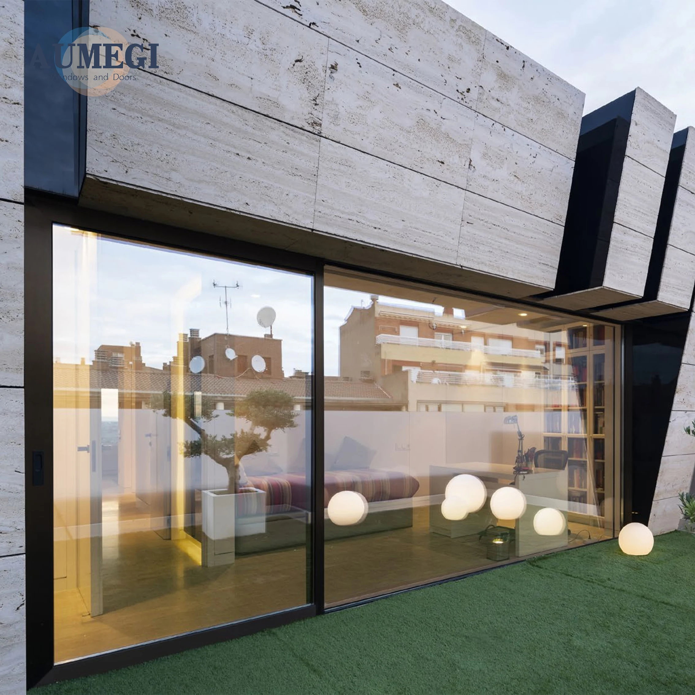 AUMEGI Sliding Doors Balcony 4 Panel Bulletproof Four Panel Four Tracks System Sliding Door